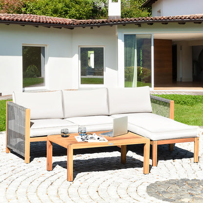 3PCS Patio Acacia Wood Sofa Set with Thick 
Cushions