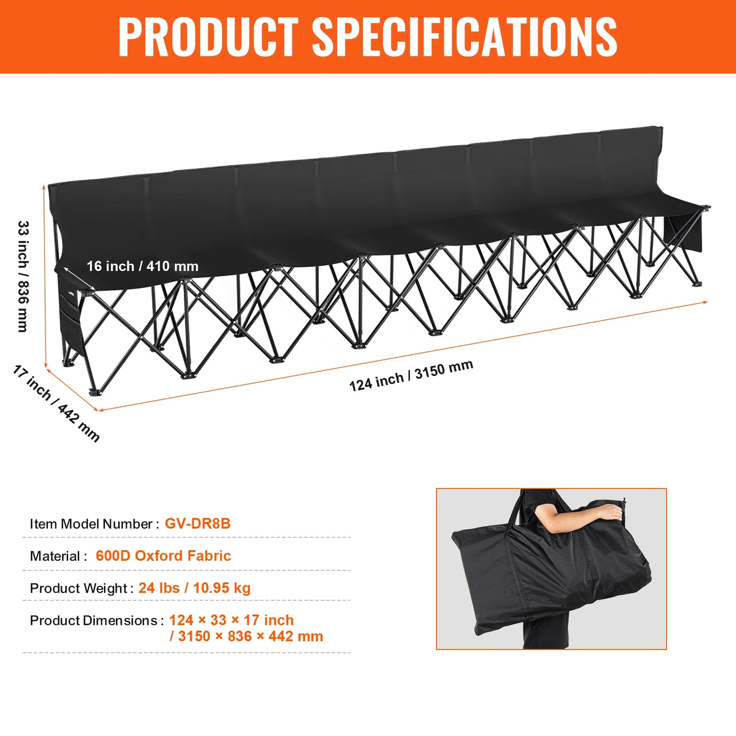 6/8 Seat Foldable Sideline Bench with Backrest & Bag
