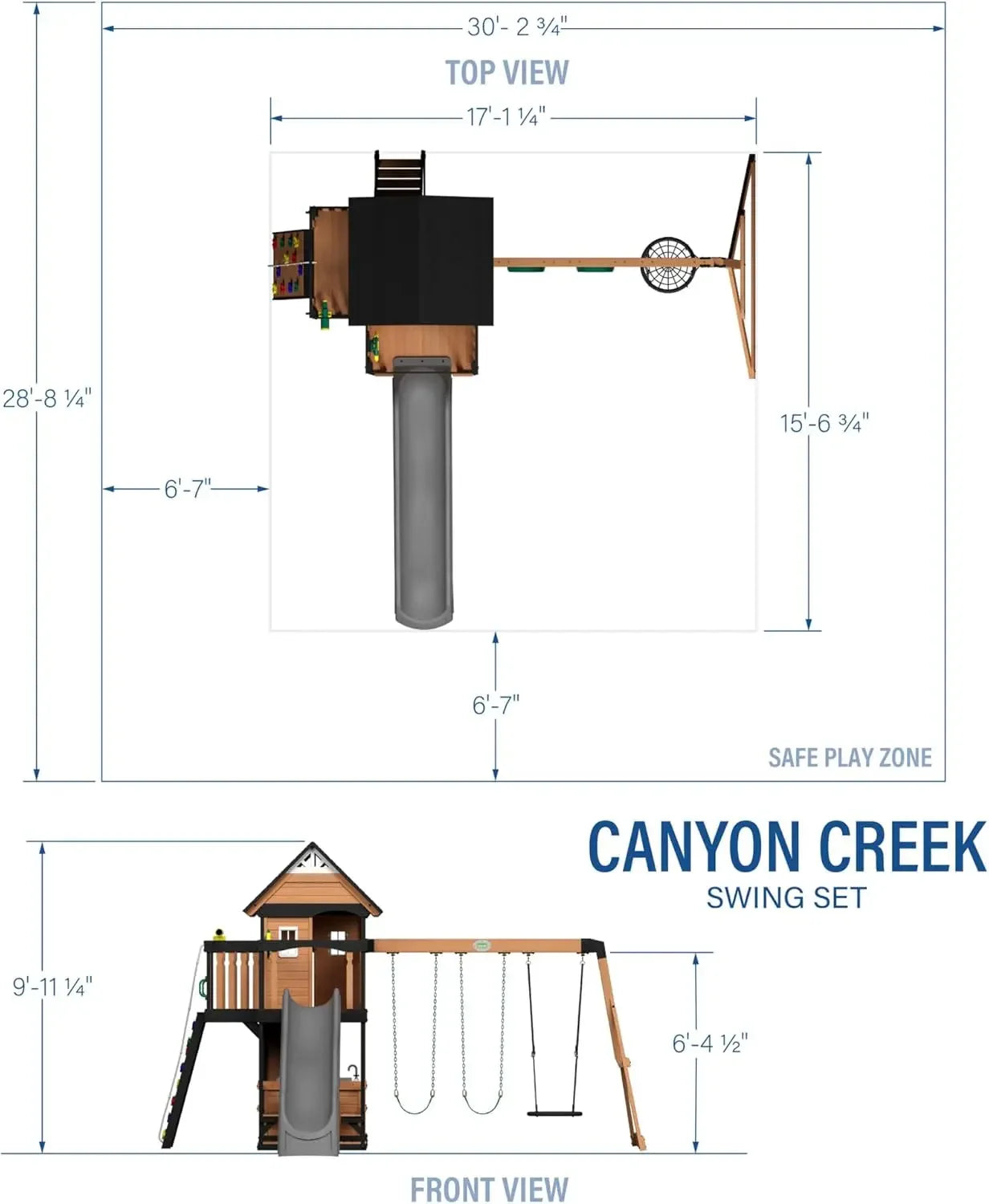 Cedar Swing Set with Wave Slide, Clubhouse, Play Kitchen, Picnic Area, Belt Swings, Web Swing, Rock Wall,