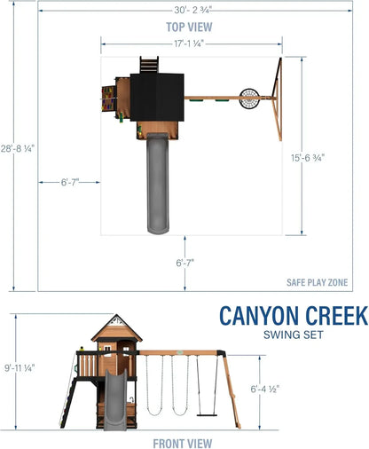 Cedar Swing Set with Wave Slide, Clubhouse, Play Kitchen, Picnic Area, Belt Swings, Web Swing, Rock Wall,