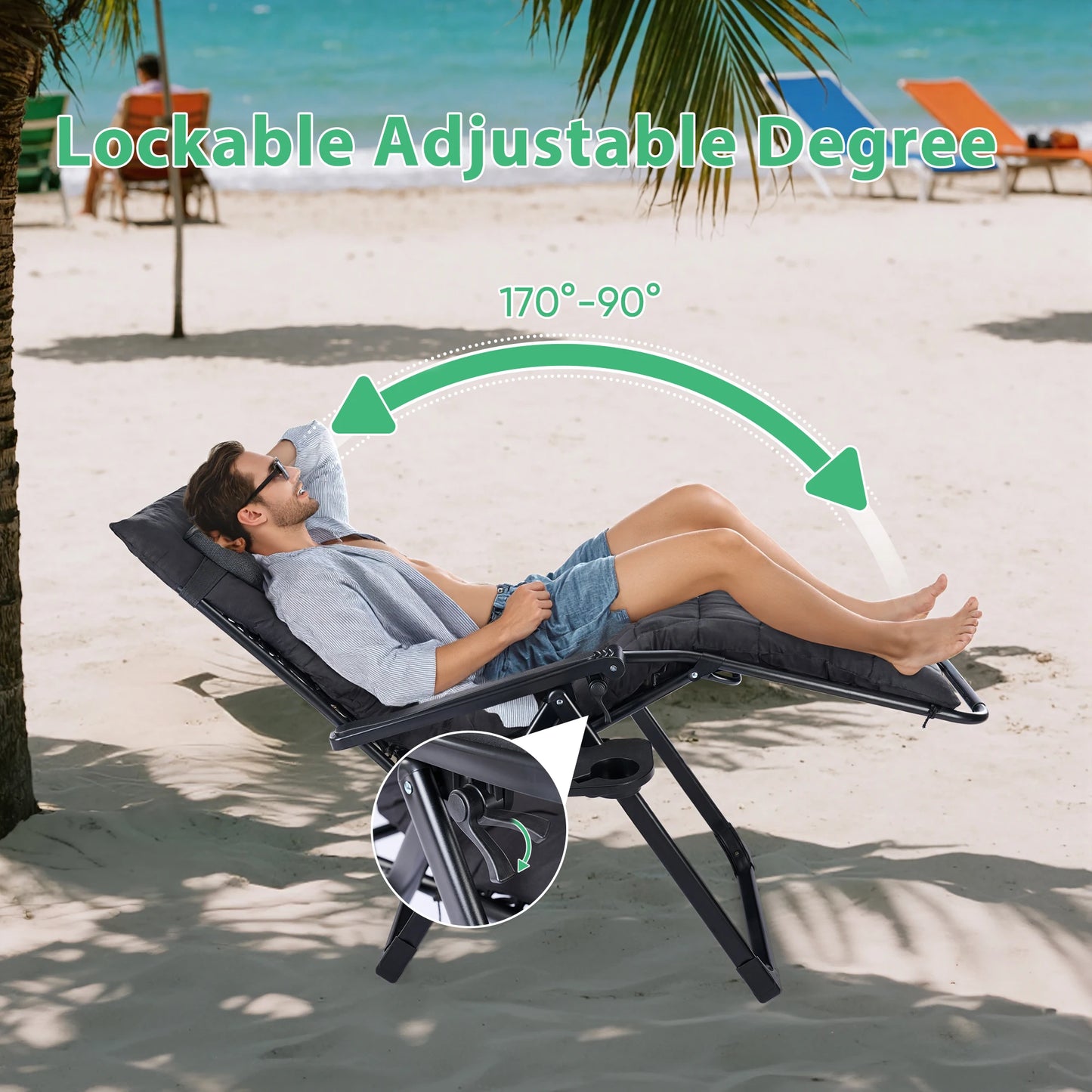 Set of 2 Zero Gravity Portable Recliner Chair with Cup Holder Trays Adjustable Pillow