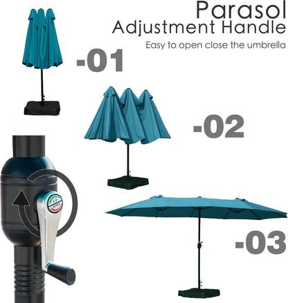 15ft Double-Sided Rectangular Patio Umbrella with Crank Lift, UV Protection, and Base Included for Backyard, Pool & Garden
