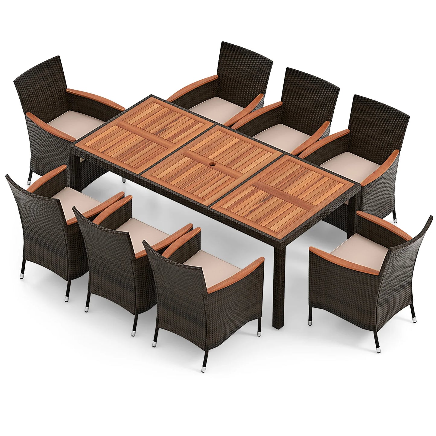 9PCS Wicker Patio Dining Set Acacia Wood Table Cushions Chairs