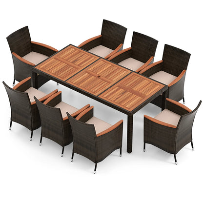 9PCS Wicker Patio Dining Set Acacia Wood Table Cushions Chairs