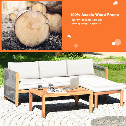 3PCS Patio Acacia Wood Sofa Set with Thick 
Cushions