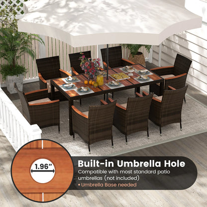 9PCS Wicker Patio Dining Set Acacia Wood Table Cushions Chairs