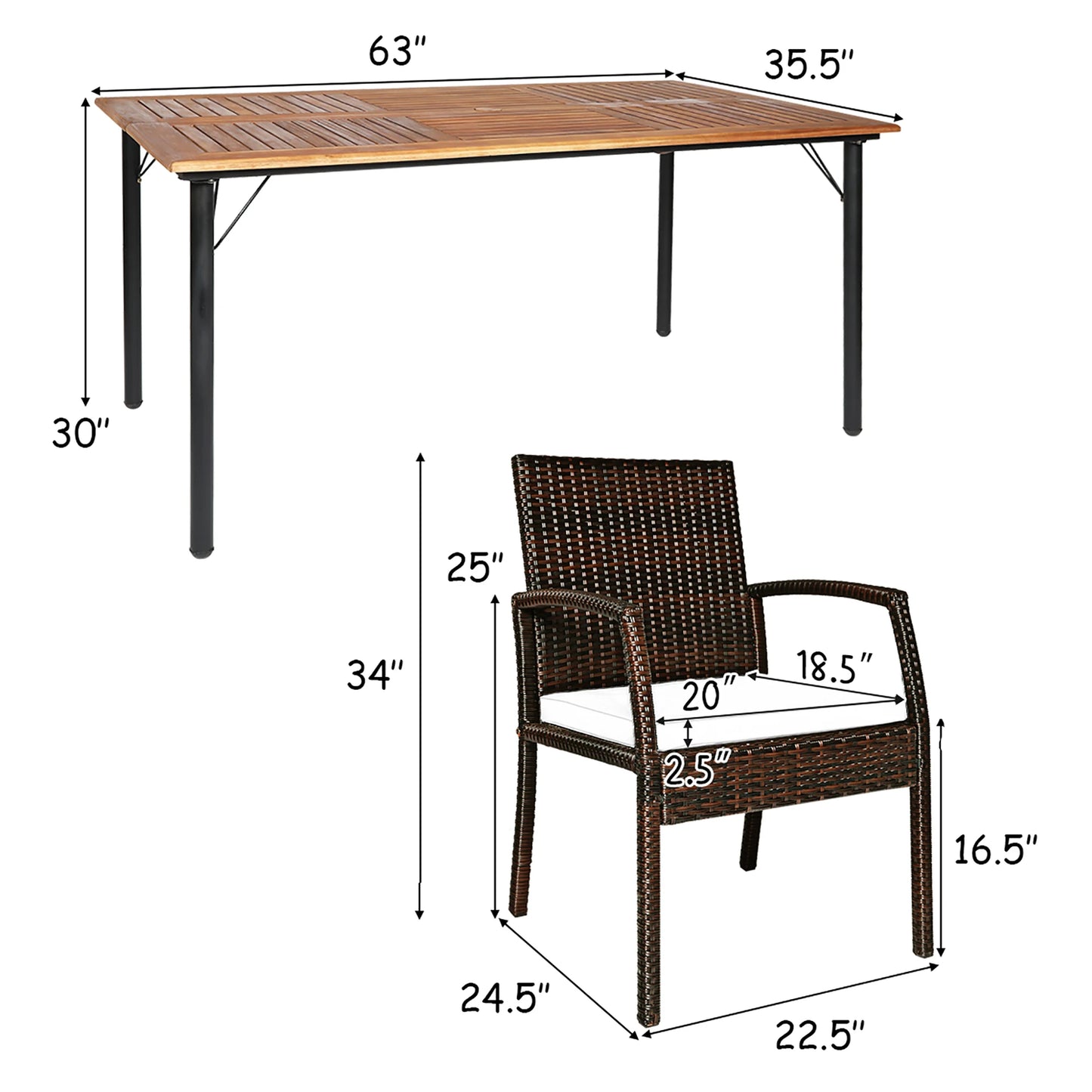 Patio Rattan Dining Set 6 Chairs Wooden Table Top