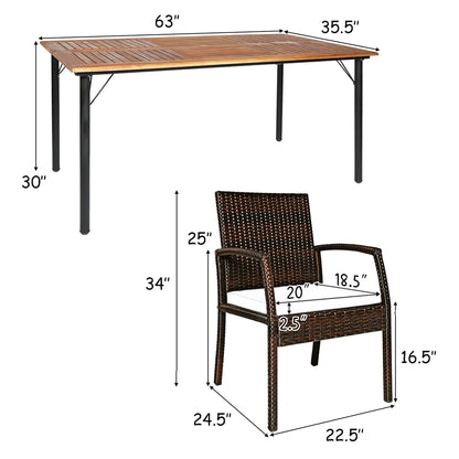 Patio Rattan Dining Set 6 Chairs Wooden Table Top