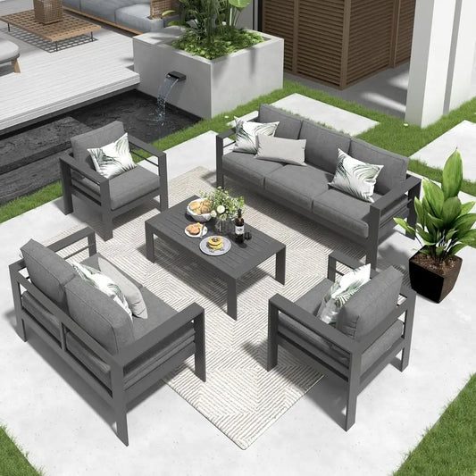 Gray Oversized Metal Patio Set with Deep Seating and Armrests, All-Weather Outdoor Cushion Set