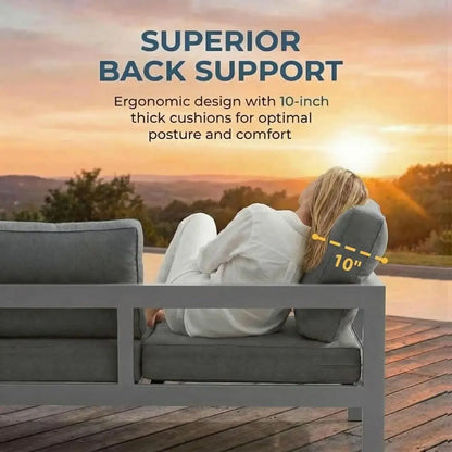 Gray Oversized Metal Patio Set with Deep Seating and Armrests, All-Weather Outdoor Cushion Set