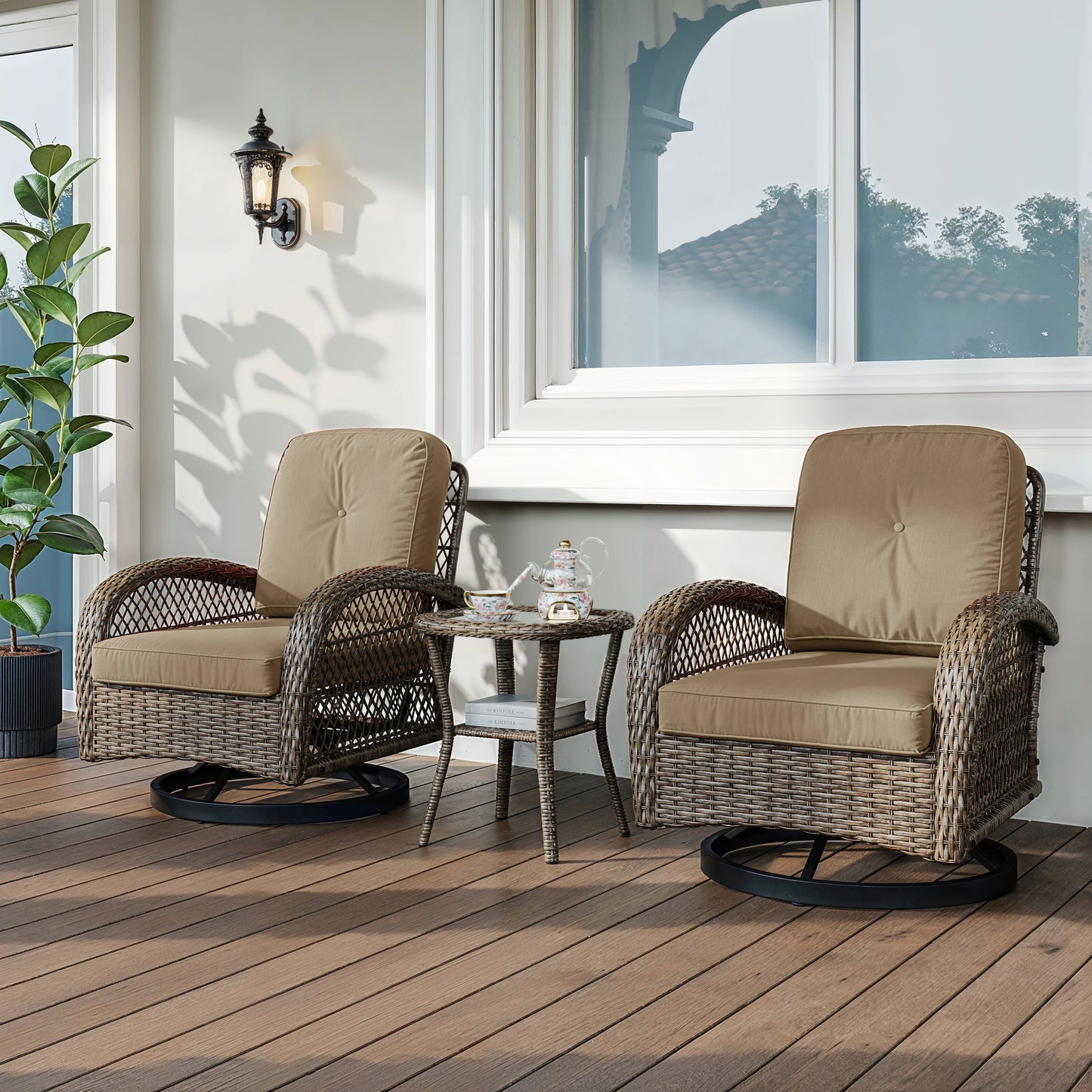 3 Pieces Patio Bisro Set, Rotating Rocking