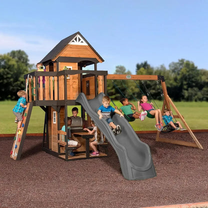 Cedar Swing Set with Wave Slide, Clubhouse, Play Kitchen, Picnic Area, Belt Swings, Web Swing, Rock Wall,