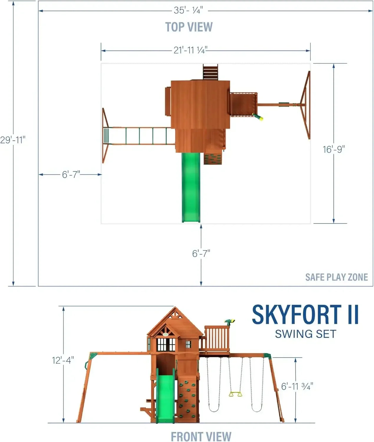 Cedar Swing Set with Wave Slide, Raised Clubhouse, Crow's Nest, Monkey Bars, Balcony, Belt Swings, Trapeze, Rock