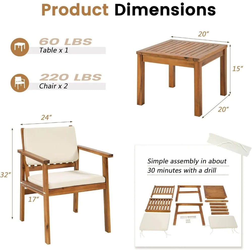 Patio Chairs 3 or 4 Piece Acacia Wood Patio Furniture with Coffee Table & Cushions