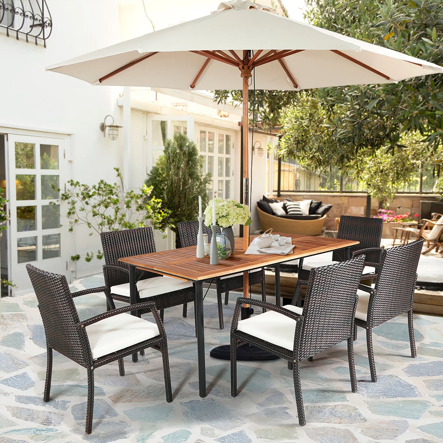 Patio Rattan Dining Set 6 Chairs Wooden Table Top