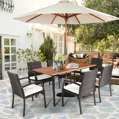 Patio Rattan Dining Set 6 Chairs Wooden Table Top