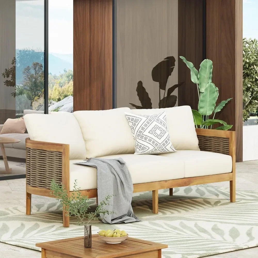 Outdoor Acacia Wood Wicker 3 Seater Sofa, Patio Furniture Conversation Set for Backyard