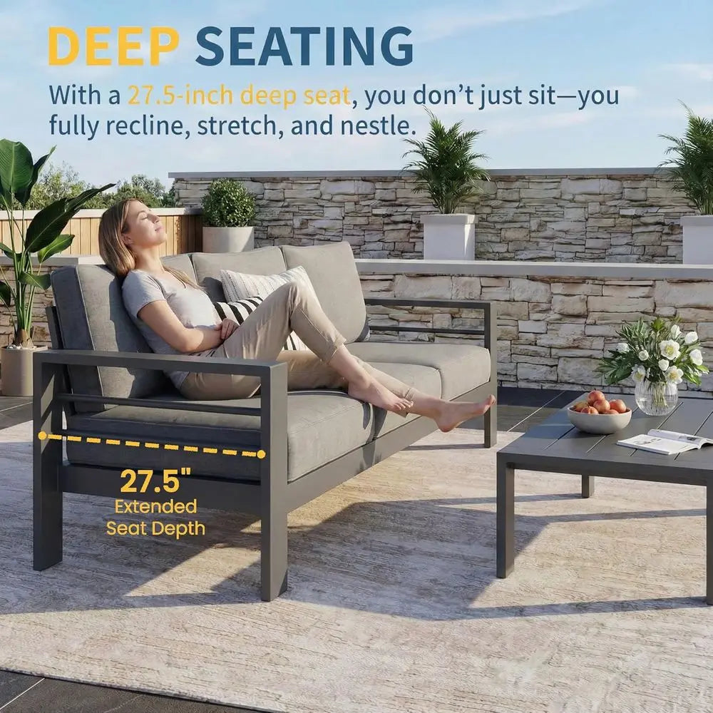 Gray Oversized Metal Patio Set with Deep Seating and Armrests, All-Weather Outdoor Cushion Set