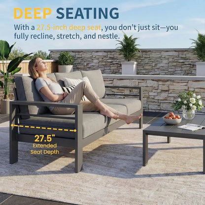 Gray Oversized Metal Patio Set with Deep Seating and Armrests, All-Weather Outdoor Cushion Set