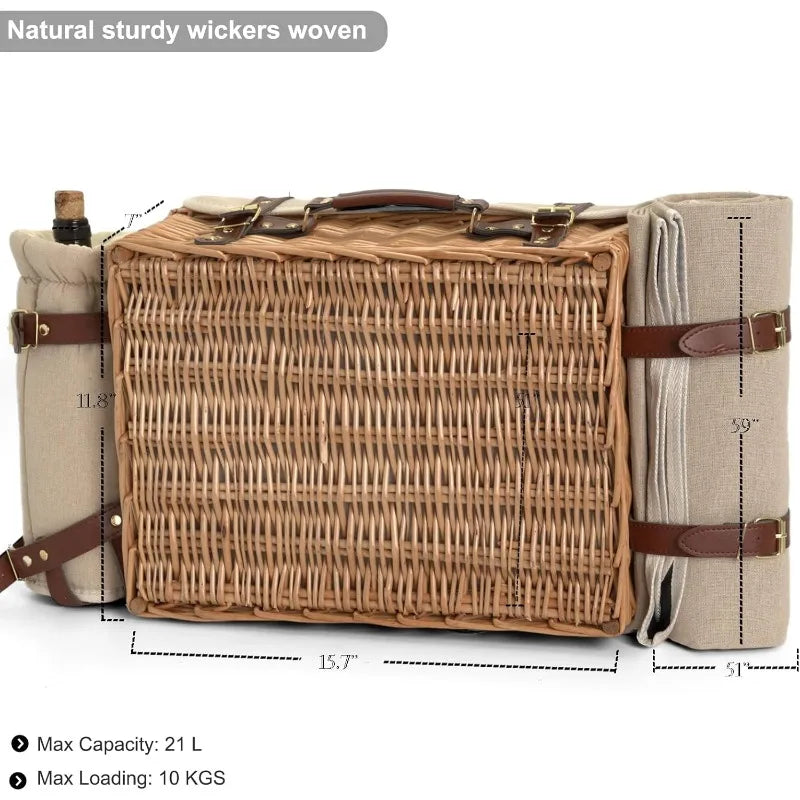 Wicker Picnic Basket Set with Blanket and Table, Insulated