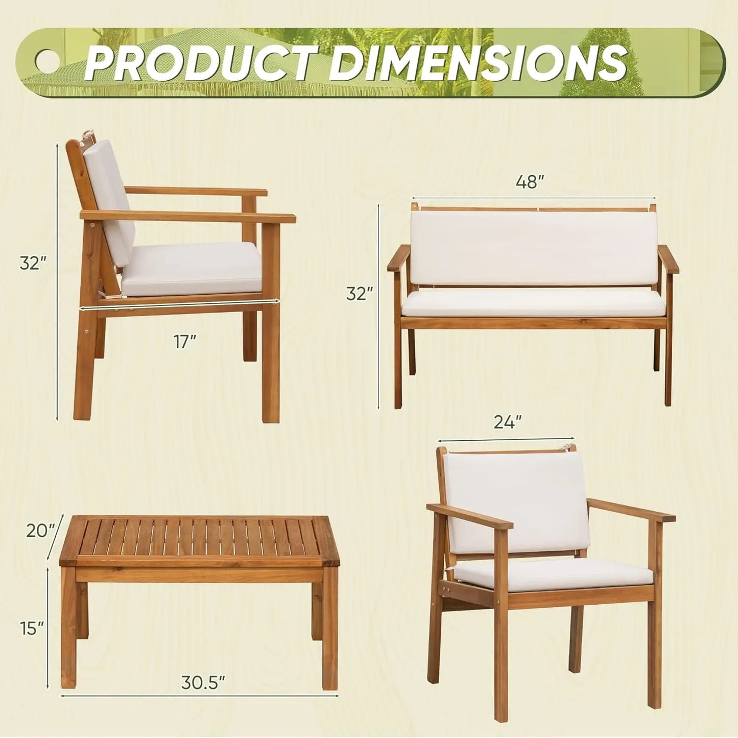 Patio Chairs 3 or 4 Piece Acacia Wood Patio Furniture with Coffee Table & Cushions