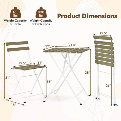 Patio Acacia Wood Bistro Set Table w/ 2 Folding Chairs