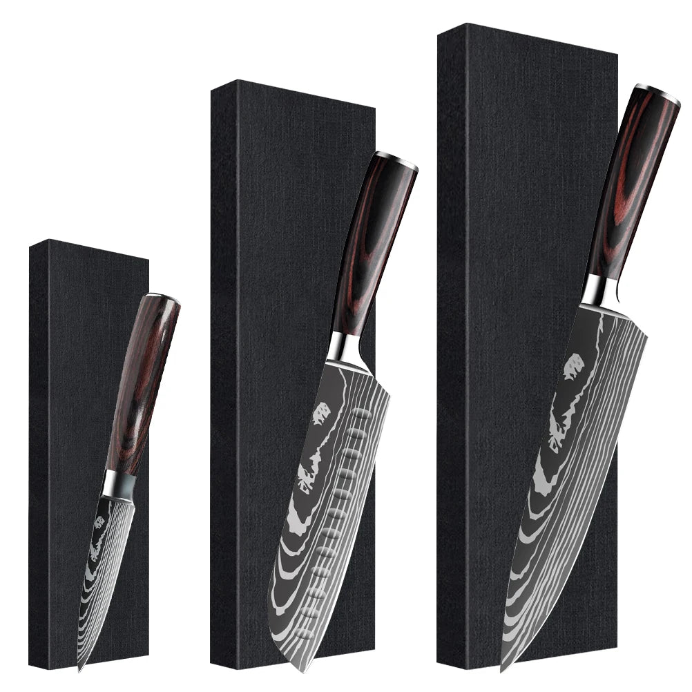 3 Piece Damascus Pattern Knife Set