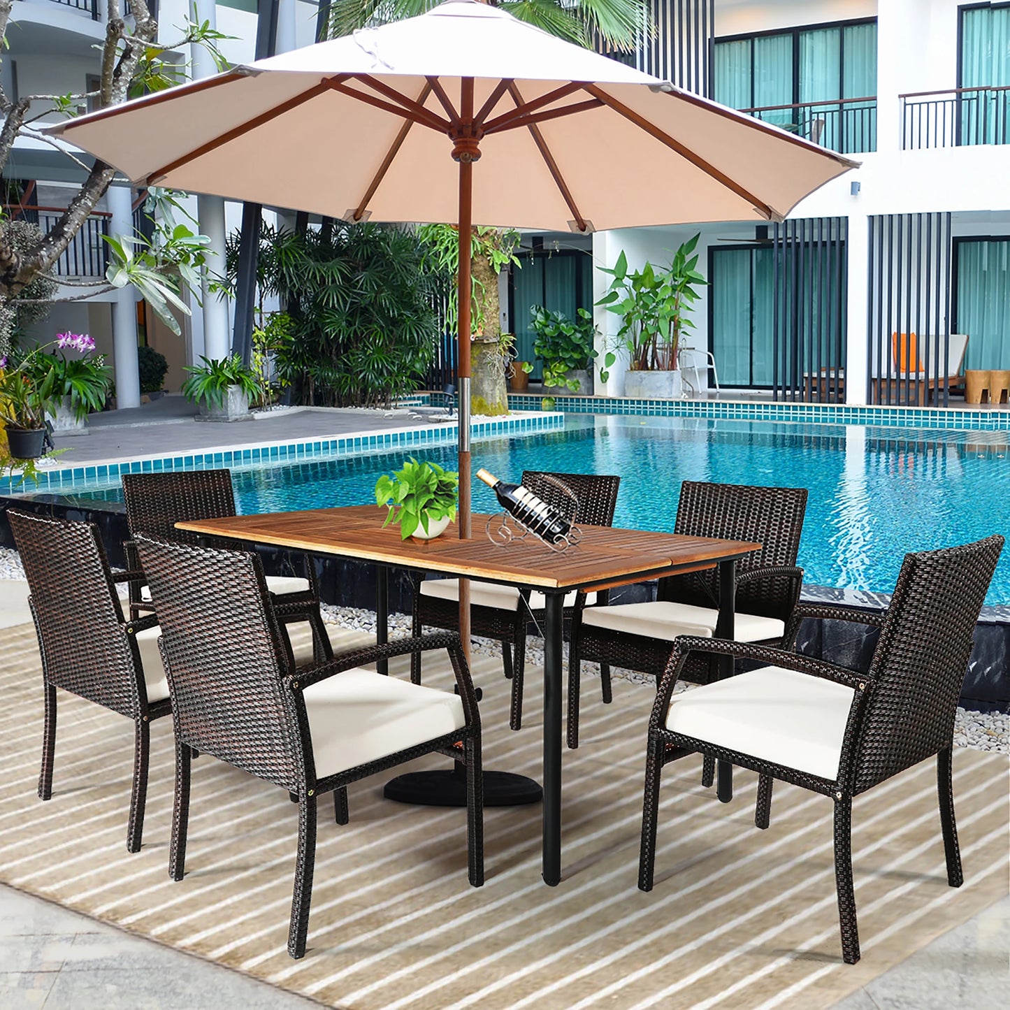 Patio Rattan Dining Set 6 Chairs Wooden Table Top