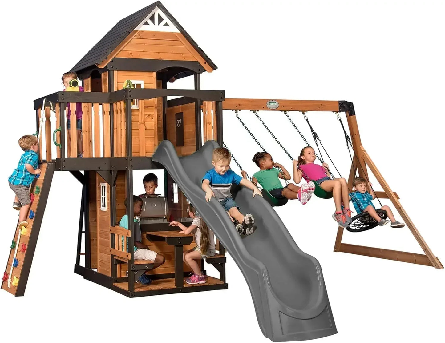 Cedar Swing Set with Wave Slide, Clubhouse, Play Kitchen, Picnic Area, Belt Swings, Web Swing, Rock Wall,