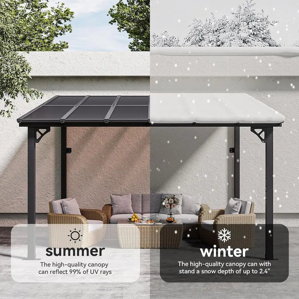 10ft x 12ft Outdoor Pavilion with Sloping Roof and Heavy-Duty Wall-Mounted Canopies for Backyard Decks and Patios