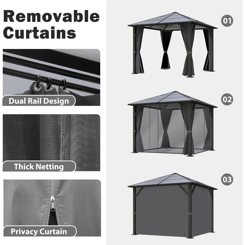10x10 Gazebo with Polyethylene Roof and Steel Frame, with Grey Curtain and Netting