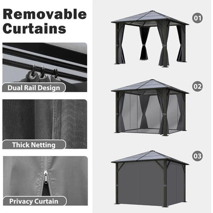10x10 Gazebo with Polyethylene Roof and Steel Frame, with Grey Curtain and Netting