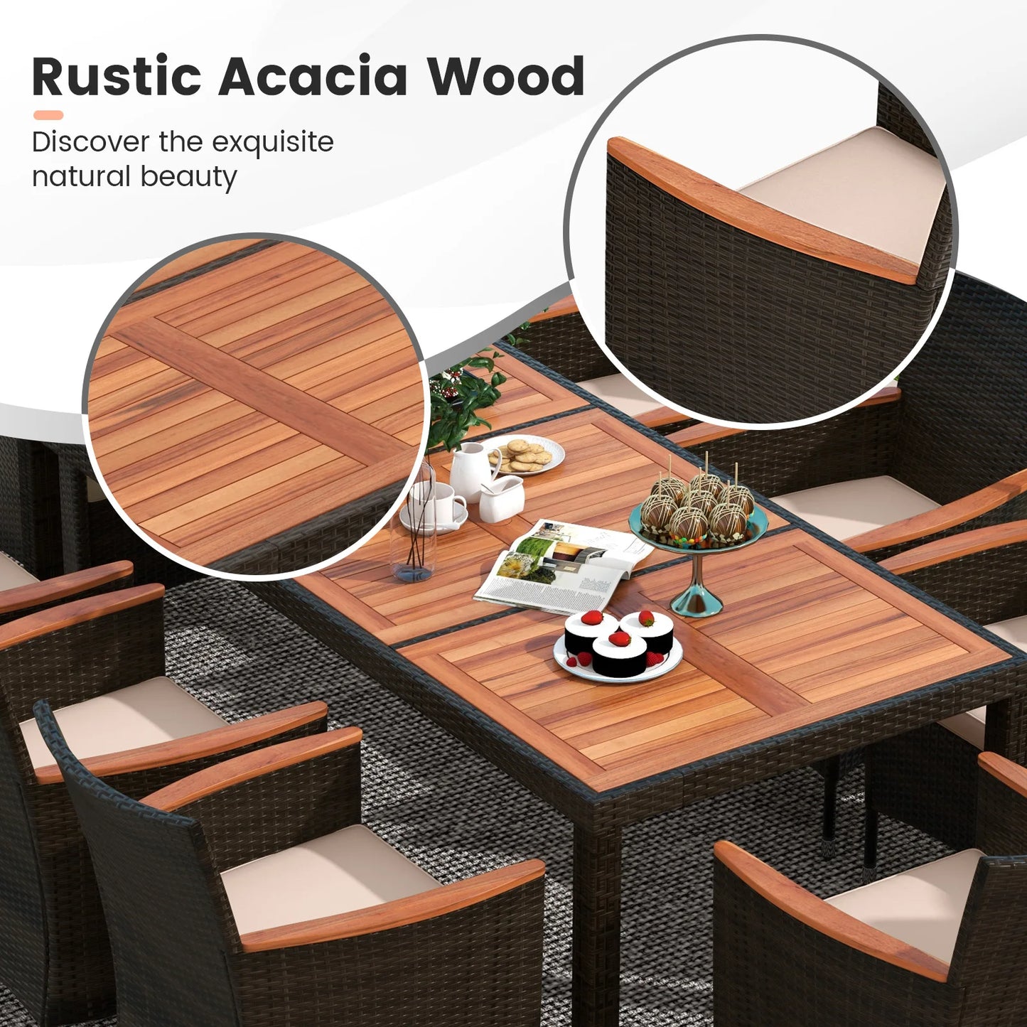 9PCS Wicker Patio Dining Set Acacia Wood Table Cushions Chairs