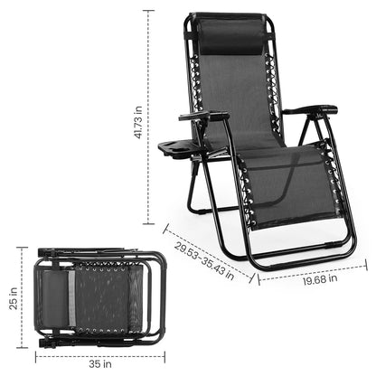 Set of 2 Zero Gravity Portable Recliner Chair with Cup Holder Trays Adjustable Pillow
