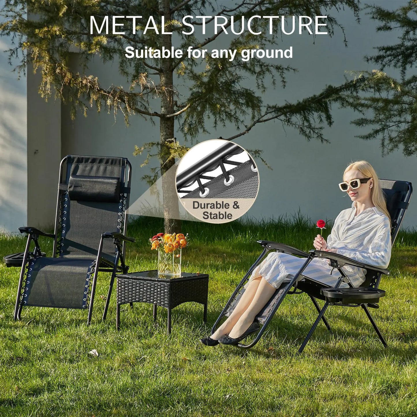 Set of 2 Zero Gravity Portable Recliner Chair with Cup Holder Trays Adjustable Pillow