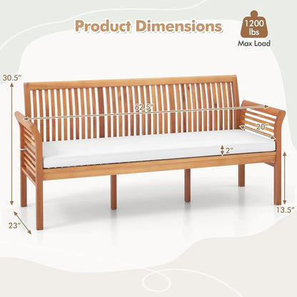 Wooden Outdoor Bench with White Cushion, Curved Armrest, and Slatted Back