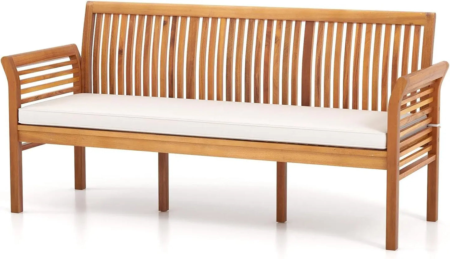 Wooden Outdoor Bench with White Cushion, Curved Armrest, and Slatted Back