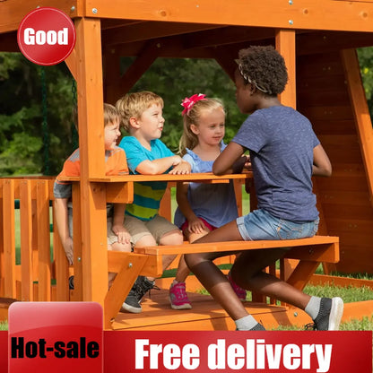 Cedar Swing Set with Wave Slide, Raised Clubhouse, Crow's Nest, Monkey Bars, Balcony, Belt Swings, Trapeze, Rock