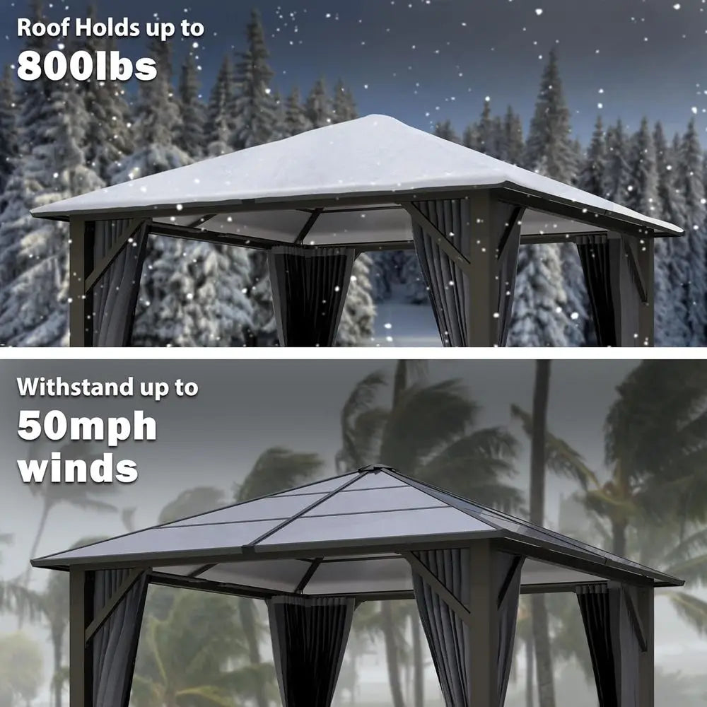10x10 Gazebo with Polyethylene Roof and Steel Frame, with Grey Curtain and Netting