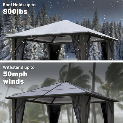 10x10 Gazebo with Polyethylene Roof and Steel Frame, with Grey Curtain and Netting