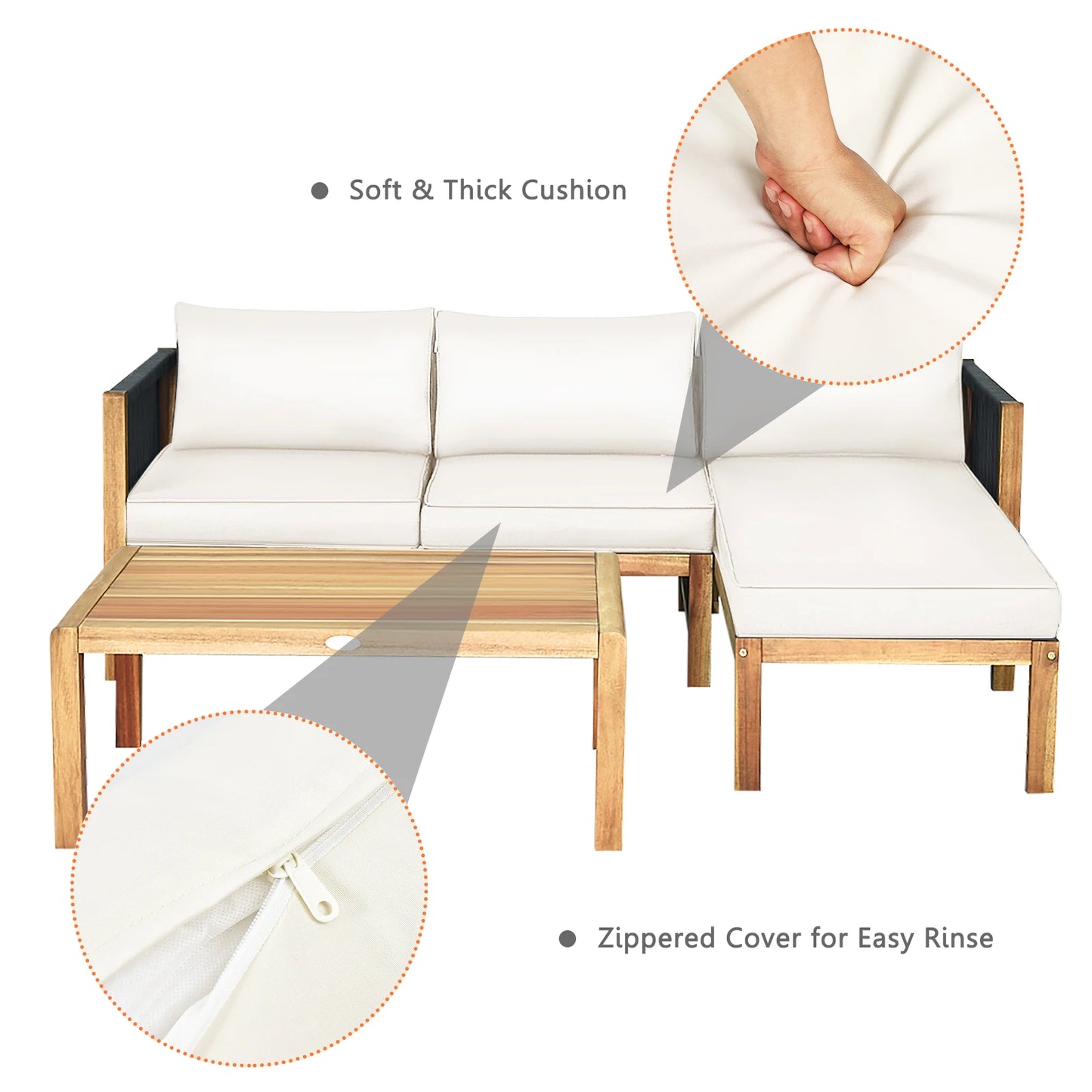 3PCS Patio Acacia Wood Sofa Set with Thick 
Cushions