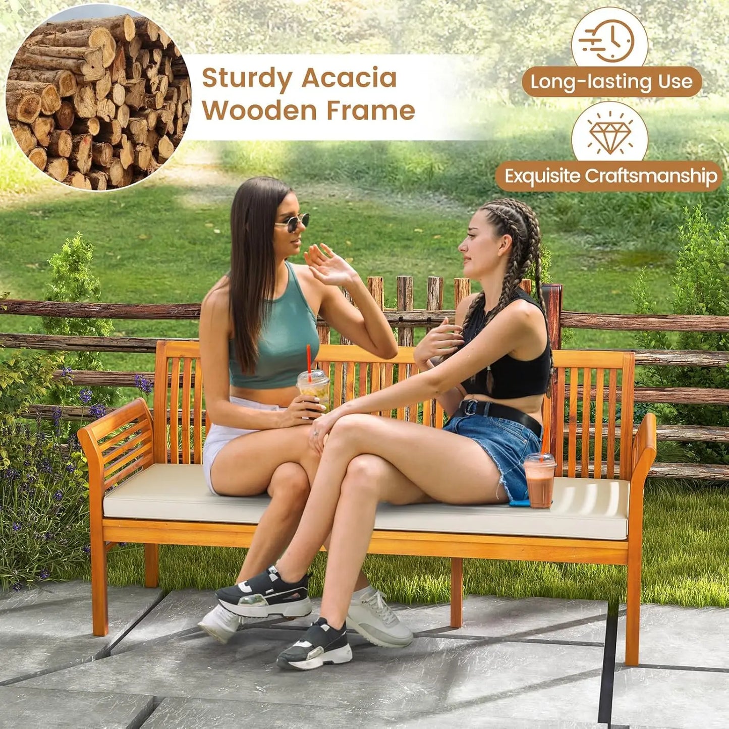 Wooden Outdoor Bench with White Cushion, Curved Armrest, and Slatted Back