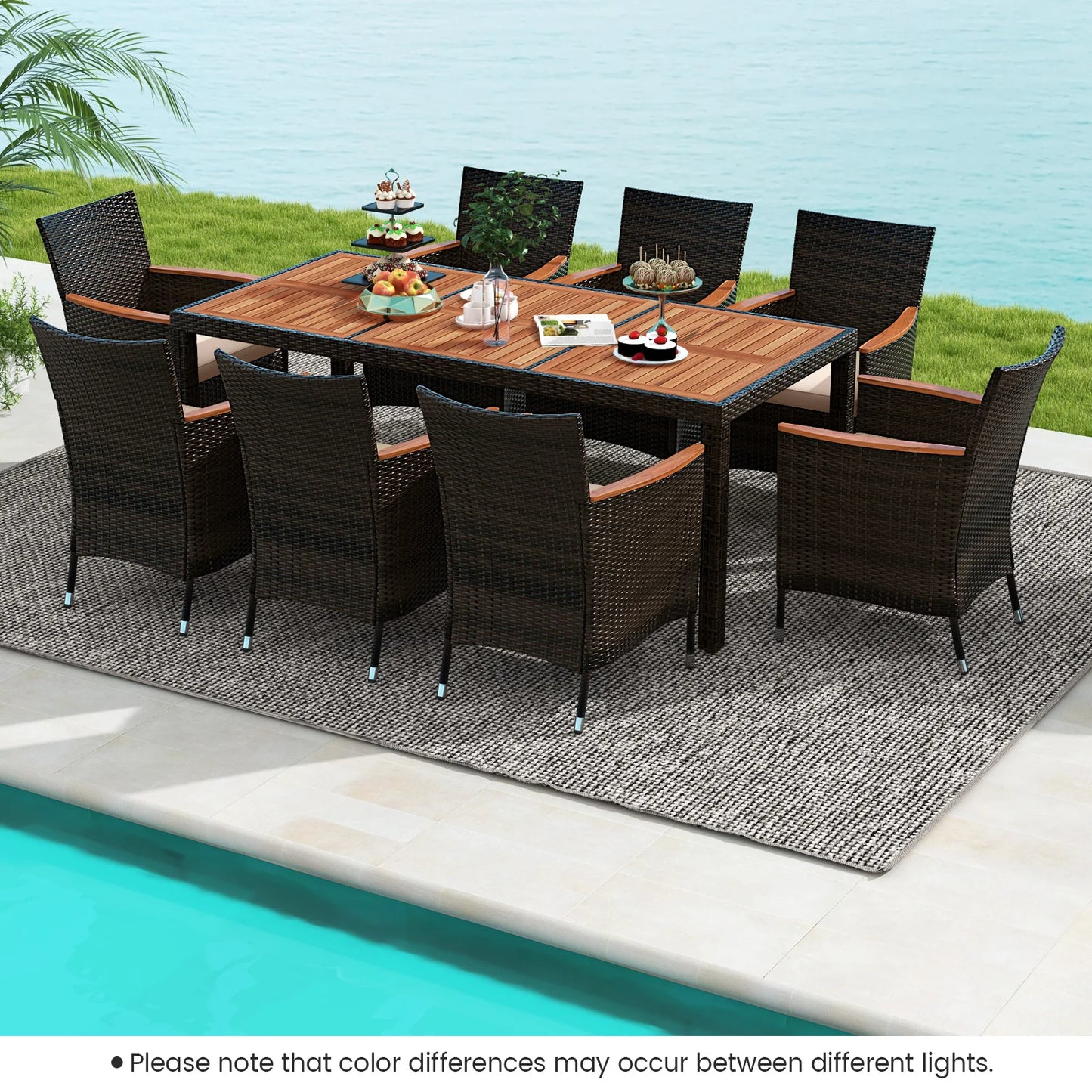 9PCS Wicker Patio Dining Set Acacia Wood Table Cushions Chairs