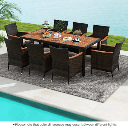 9PCS Wicker Patio Dining Set Acacia Wood Table Cushions Chairs