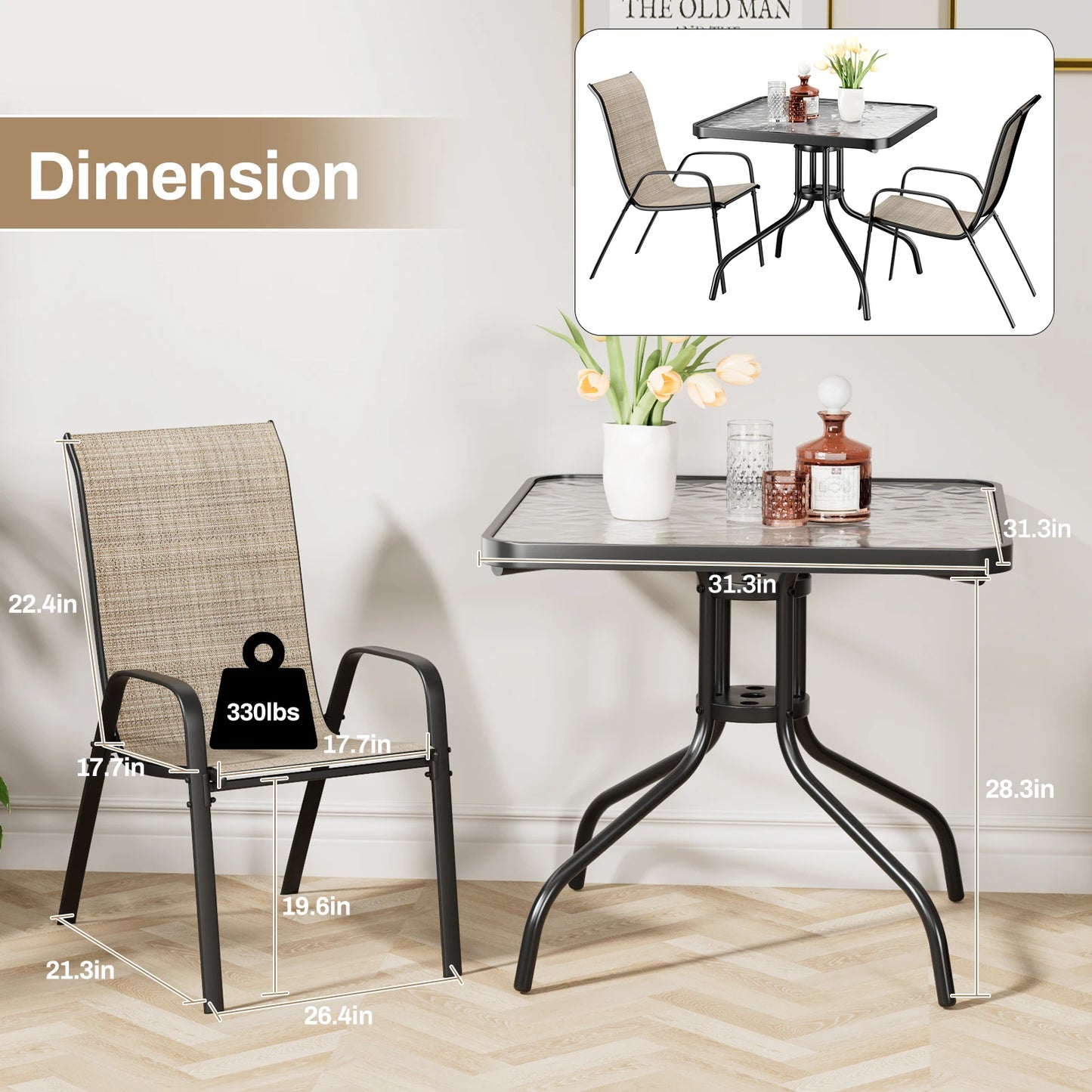 Patio Dining Set 30"x30" Table and 4 Textilene Chairs