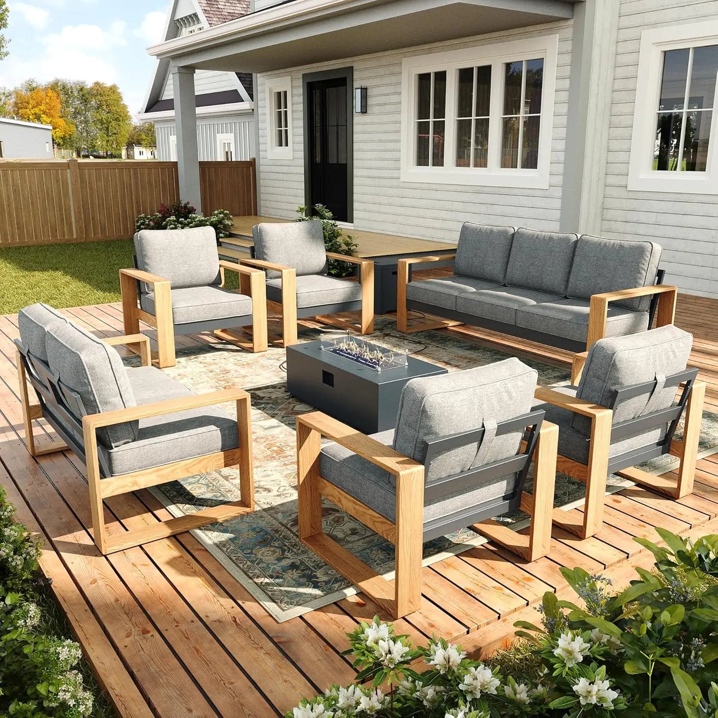 7-Piece Modern Sectional Sofa Set with Fire Pit Table, Wide Seat and Thick Cushions