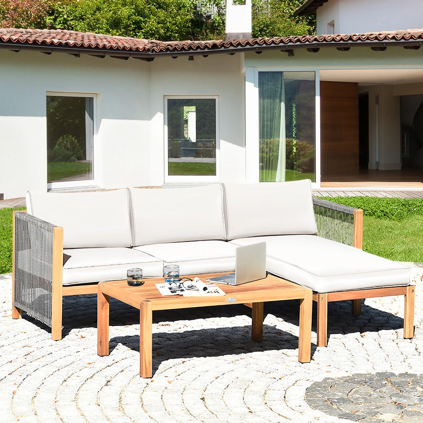 3PCS Patio Acacia Wood Sofa Set with Thick 
Cushions