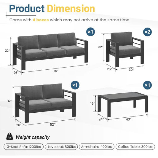 Gray Oversized Metal Patio Set with Deep Seating and Armrests, All-Weather Outdoor Cushion Set