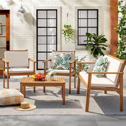 Patio Chairs 3 or 4 Piece Acacia Wood Patio Furniture with Coffee Table & Cushions