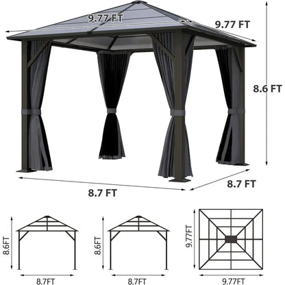 10x10 Gazebo with Polyethylene Roof and Steel Frame, with Grey Curtain and Netting